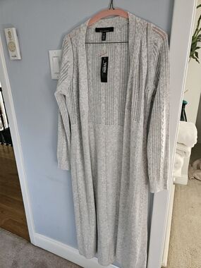White House Black Market Light Gray Open-Front Long Knit Cardigan